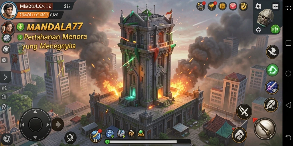 Gameplay MANDALA77 dengan menara pertahanan melawan gelombang musuh.